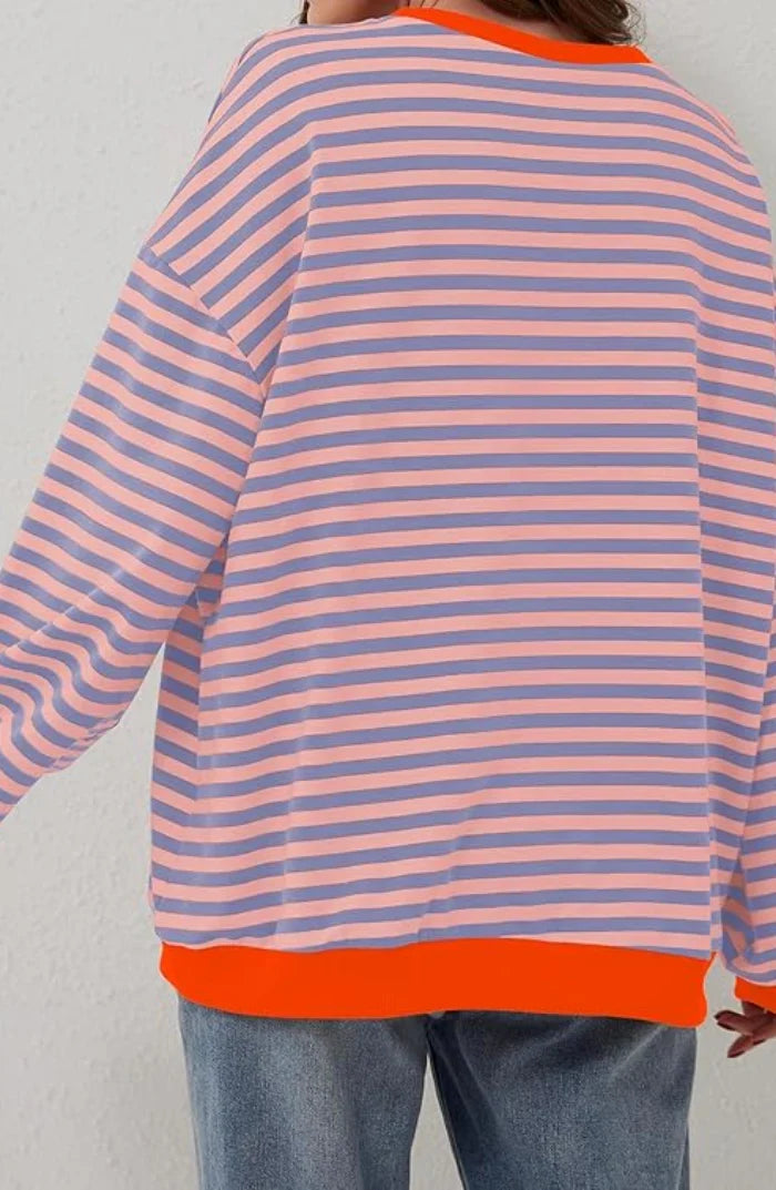 Marit | Women's Oversized Ribbed Striped Crew-Neck Balloon-Sleeve Sweatshirt Pullover with Knit
