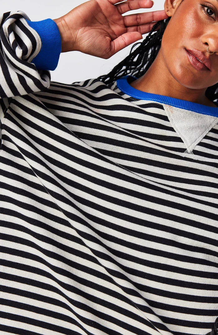 Marit | Women's Oversized Ribbed Striped Crew-Neck Balloon-Sleeve Sweatshirt Pullover with Knit