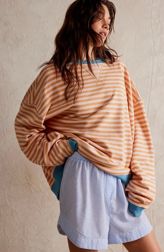 Marit | Women's Oversized Ribbed Striped Crew-Neck Balloon-Sleeve Sweatshirt Pullover with Knit