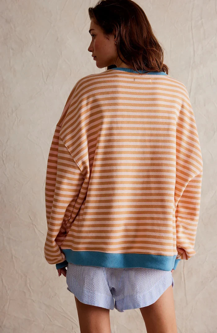Marit | Women's Oversized Ribbed Striped Crew-Neck Balloon-Sleeve Sweatshirt Pullover with Knit