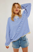 Marit | Women's Oversized Ribbed Striped Crew-Neck Balloon-Sleeve Sweatshirt Pullover with Knit