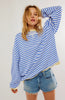 Marit | Women's Oversized Ribbed Striped Crew-Neck Balloon-Sleeve Sweatshirt Pullover with Knit