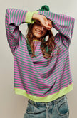 Marit | Women's Oversized Ribbed Striped Crew-Neck Balloon-Sleeve Sweatshirt Pullover with Knit