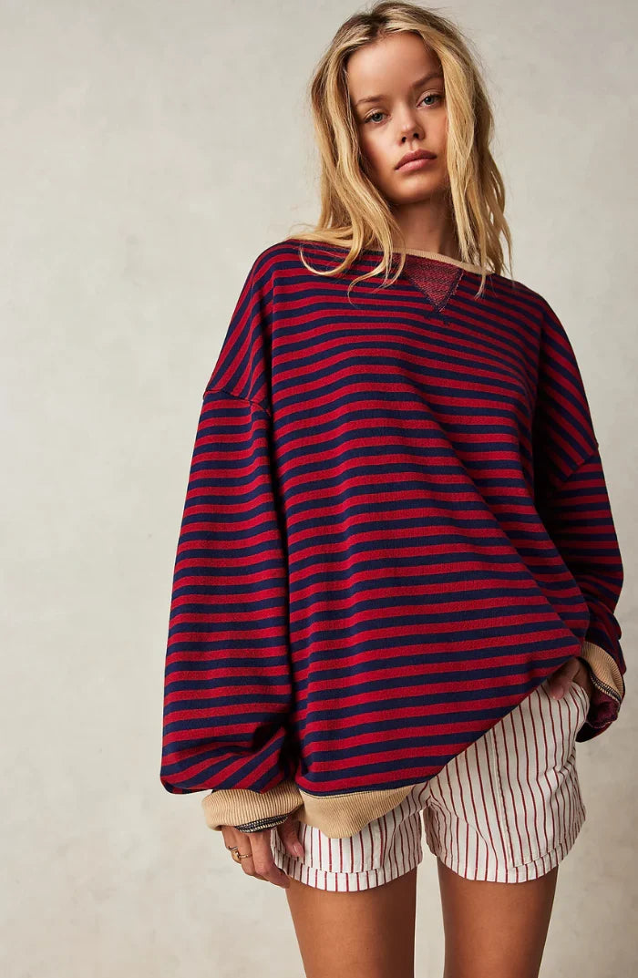 Marit | Women's Oversized Ribbed Striped Crew-Neck Balloon-Sleeve Sweatshirt Pullover with Knit