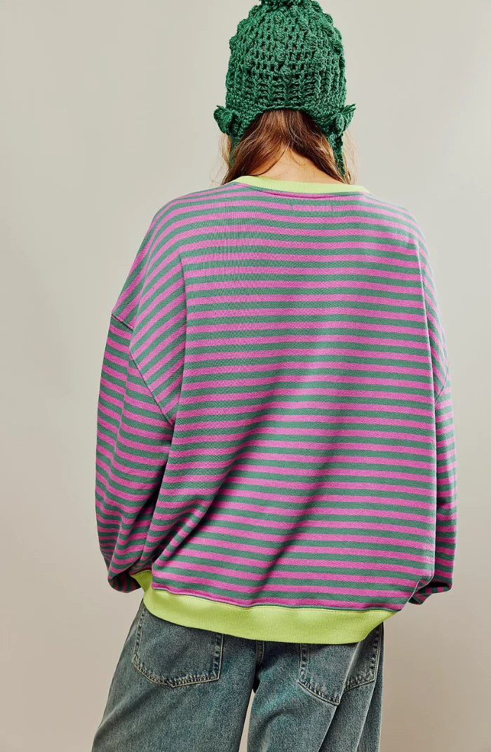 Marit | Women's Oversized Ribbed Striped Crew-Neck Balloon-Sleeve Sweatshirt Pullover with Knit
