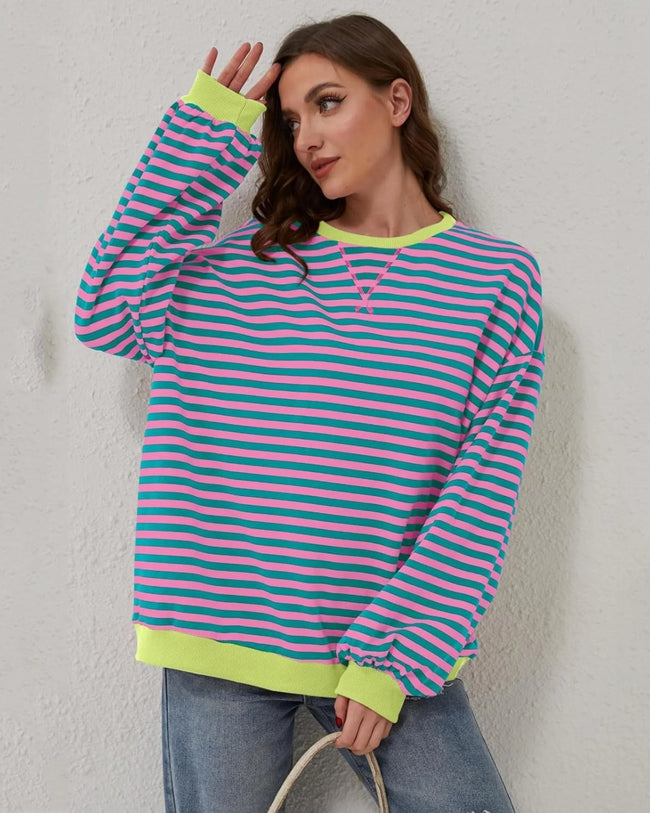 None | Women's Oversized Ribbed Striped Crew Neck Sweatshirt Pullover Sweater with Long-Sleeve