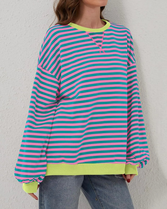None | Women's Oversized Ribbed Striped Crew Neck Sweatshirt Pullover Sweater with Long-Sleeve