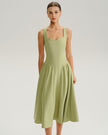 Sage green FJØRNA sweetheart neckline midi dress for women, woven polyester fabric, perfect for wedding guest attire.