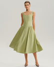 Sage green FJØRNA sweetheart neck midi dress for women, woven polyester, perfect for wedding guests or special occasions.