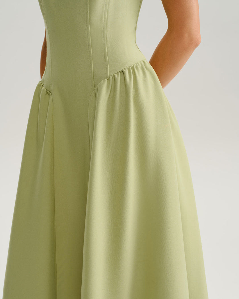 Sage green FJØRNA sweetheart neckline midi dress for women, woven polyester fabric, perfect for wedding guests or formal occasions.