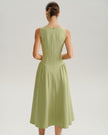 Sage green FJØRNA sweetheart neck midi dress for women, featuring woven polyester fabric, perfect for wedding guest attire.