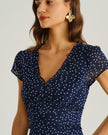 Navy polka dot chiffon V-neck midi dress by FJØRNA, women's woven polyester dress perfect for wedding guests.