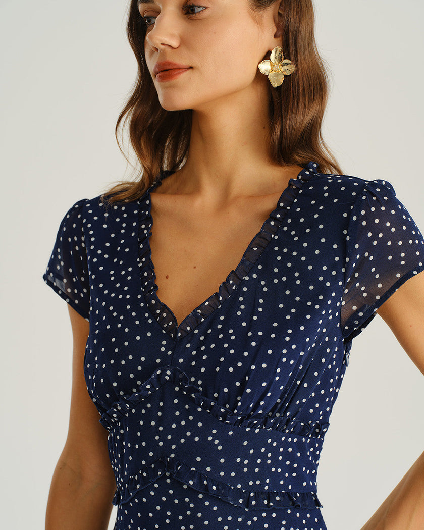 Navy polka dot chiffon V-neck midi dress by FJØRNA, women's woven polyester dress perfect for wedding guests.