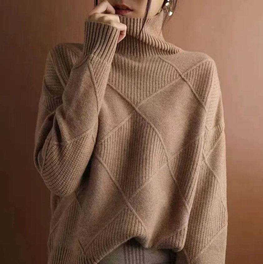 Sofie | Women's Argyle Knit Relaxed Turtleneck Sweater with Geometric for Casual