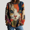 Mia | Women's Artistic Cat Print Colourblock Knit Sweater with Crew-Neck for Everyday