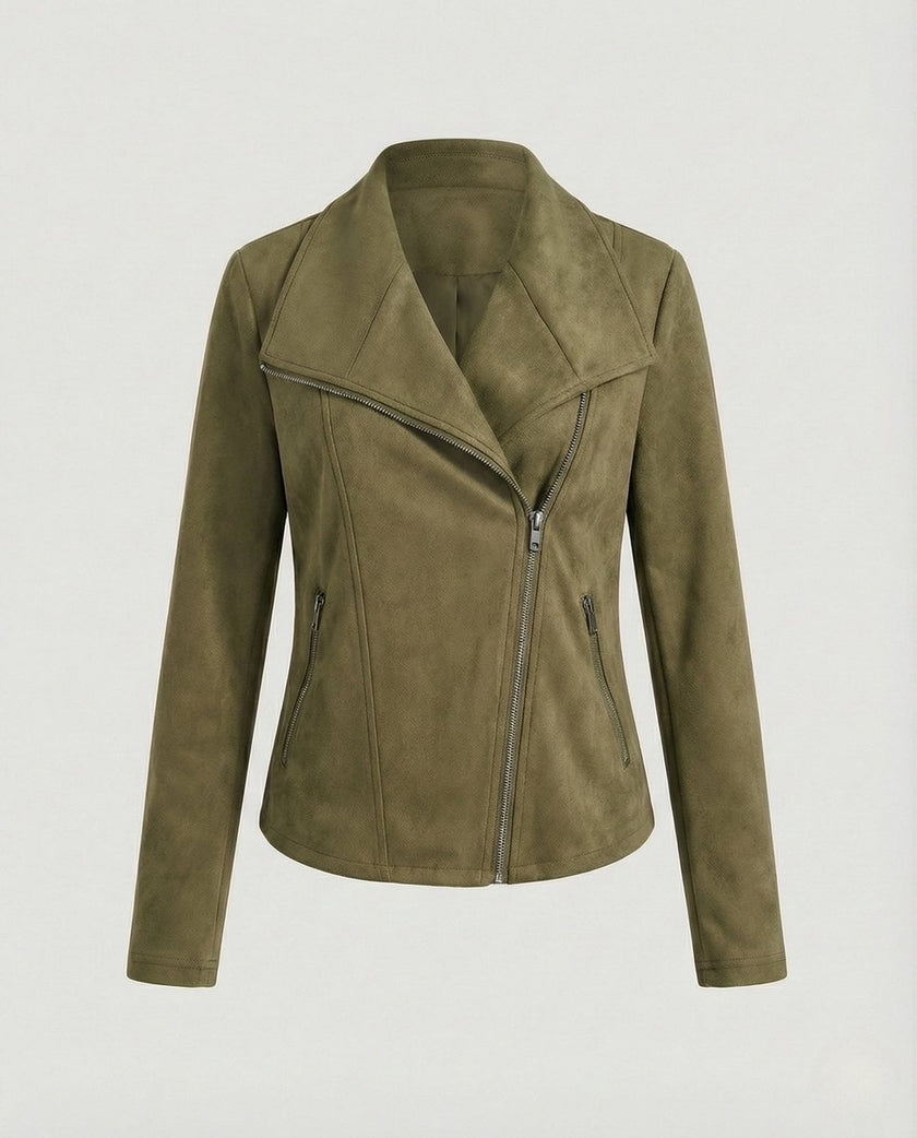 Faux Suede Biker Jacket Women Tailored Asymmetric Zip Moto