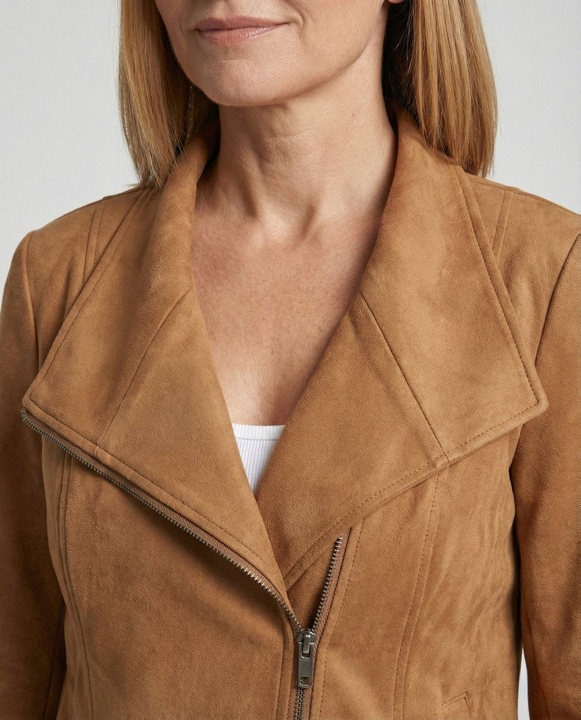 Faux Suede Biker Jacket Women Tailored Asymmetric Zip Moto