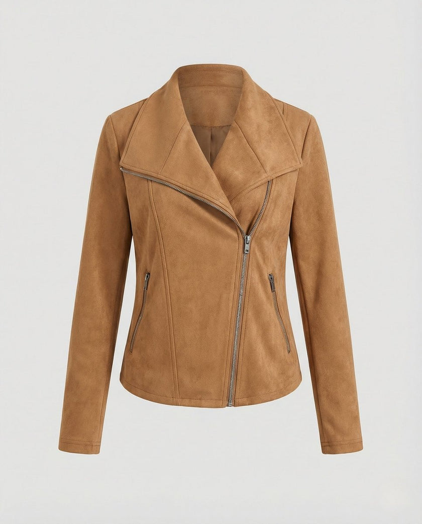 Faux Suede Biker Jacket Women Tailored Asymmetric Zip Moto