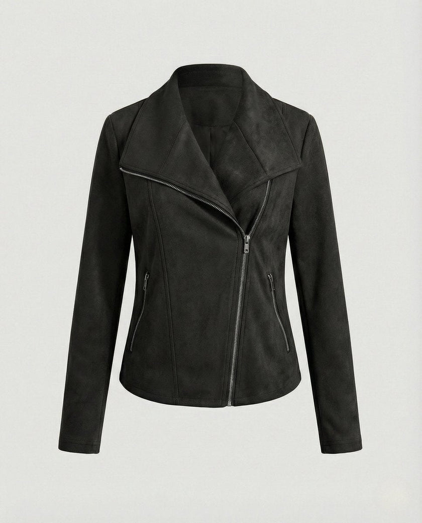Faux Suede Biker Jacket Women Tailored Asymmetric Zip Moto