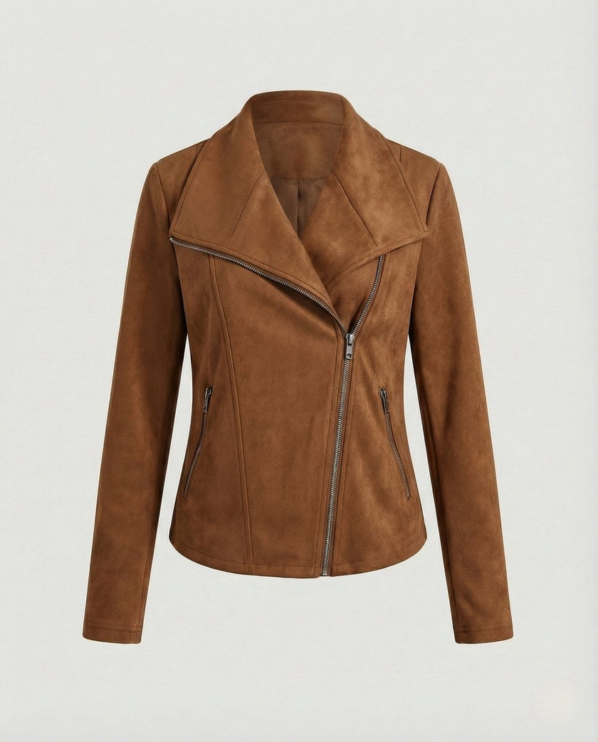 Faux Suede Biker Jacket Women Tailored Asymmetric Zip Moto