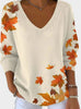 Puck | Women's Autumn Maple Leaf Print V-Neck Long Sleeve Sweater with Ribbed for Everyday