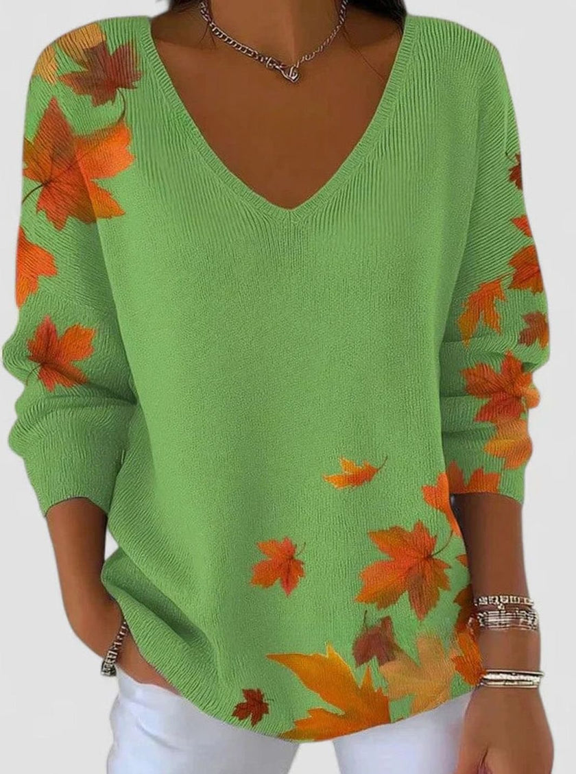 Puck | Women's Autumn Maple Leaf Print V-Neck Long Sleeve Sweater with Ribbed for Everyday