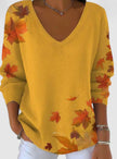 Puck | Women's Autumn Maple Leaf Print V-Neck Long Sleeve Sweater with Ribbed for Everyday