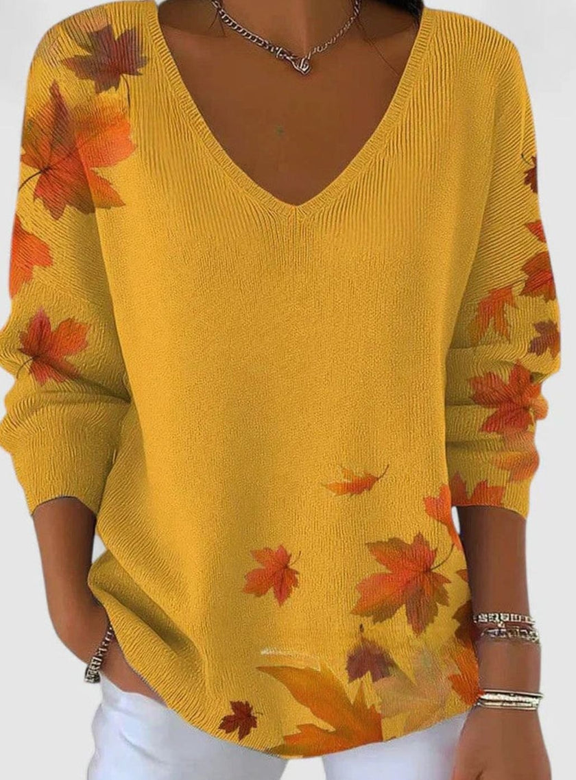 Puck | Women's Autumn Maple Leaf Print V-Neck Long Sleeve Sweater with Ribbed for Everyday
