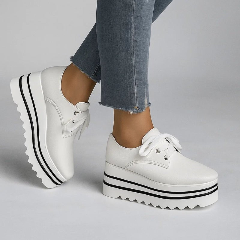 Sophia | Women's Beige Platform Oxford Lace-Up Wedge Sneakers