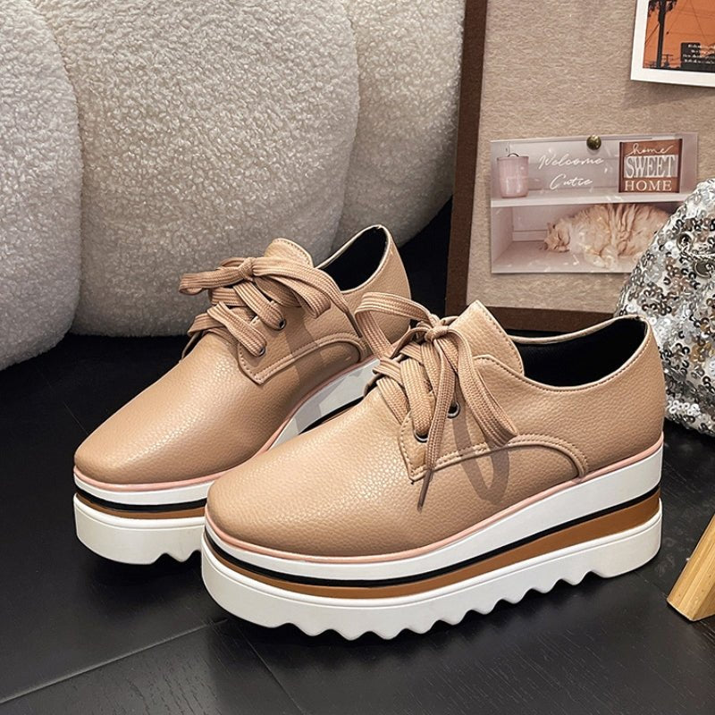 Sophia | Women's Beige Platform Oxford Lace-Up Wedge Sneakers