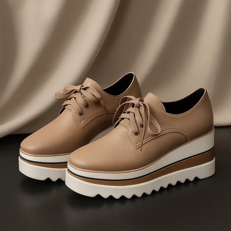 Sophia | Women's Beige Platform Oxford Lace-Up Wedge Sneakers