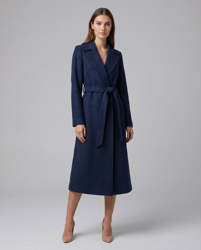 Trench Coat Women Wool Blend Belted Long Lapel
