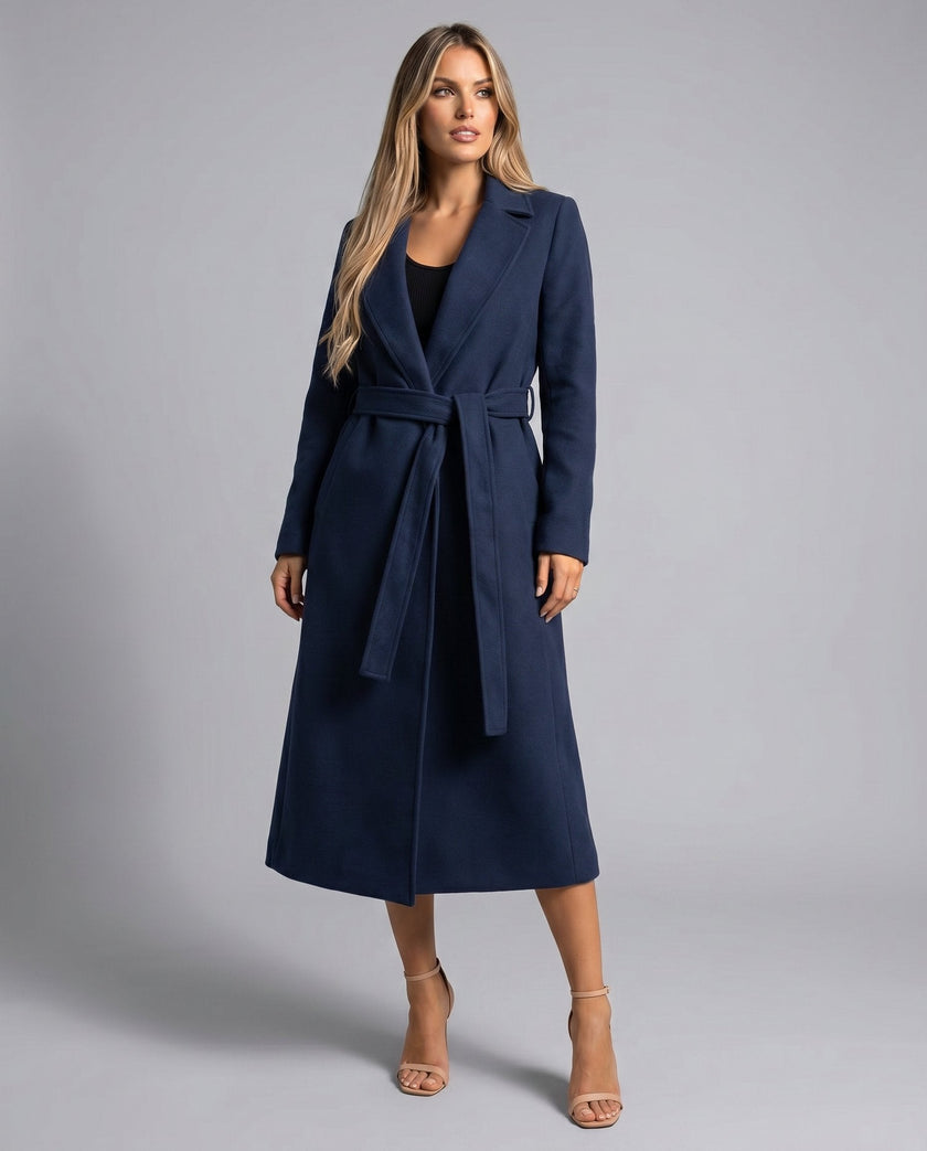Trench Coat Women Wool Blend Belted Long Lapel