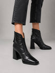 Harper | Women's Black Leather Square-Toe Block Heel Ankle Boots