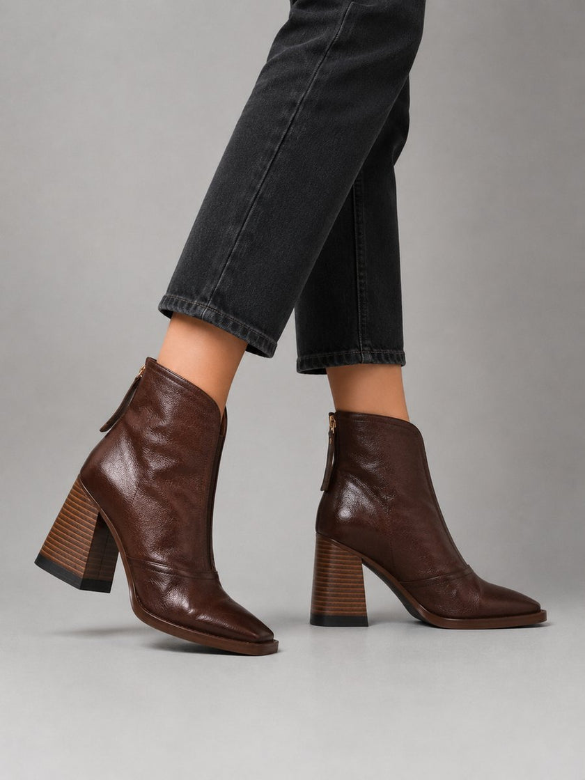 Harper | Women's Black Leather Square-Toe Block Heel Ankle Boots