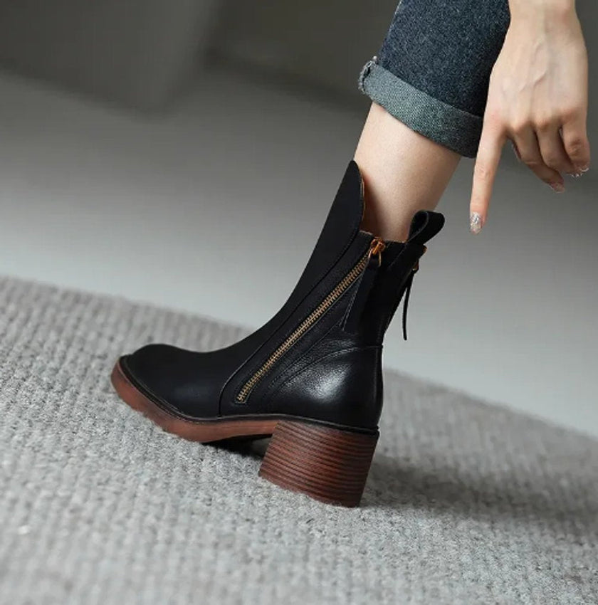 Harper | Women's Block-Heel Side-Zip Leather Ankle Boots