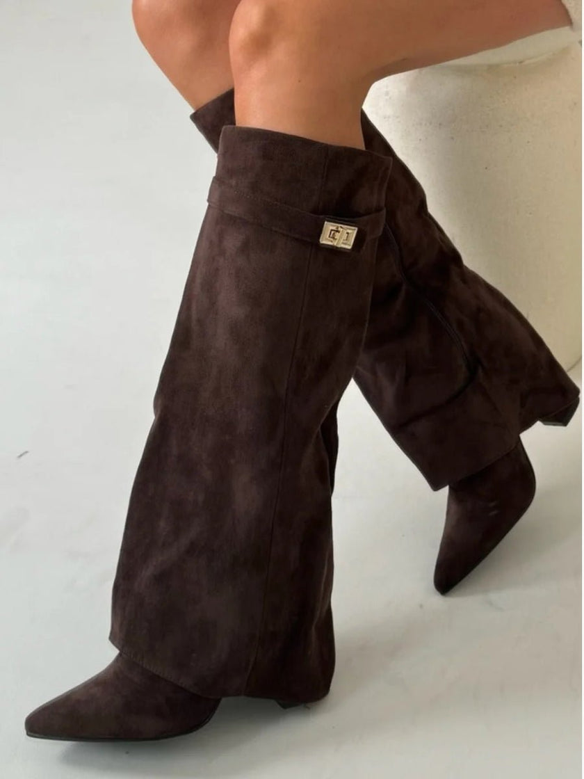 Grace | Women's Boots Black Suede Fold-Over Gold Clasp Knee-High