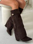 Grace | Women's Boots Black Suede Fold-Over Gold Clasp Knee-High
