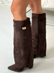 Grace | Women's Boots Black Suede Fold-Over Gold Clasp Knee-High