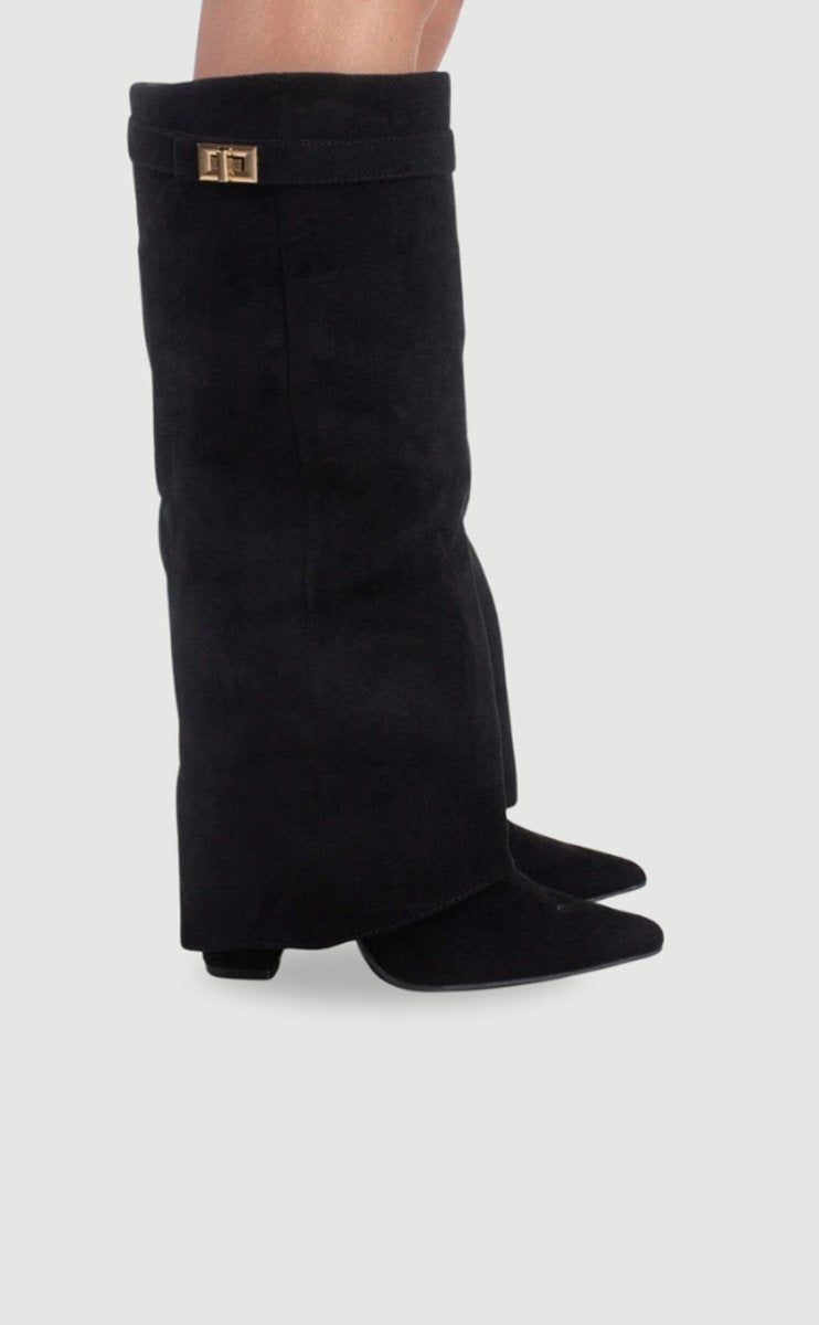 Grace | Women's Boots Black Suede Fold-Over Gold Clasp Knee-High