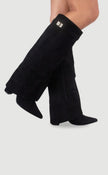 Grace | Women's Boots Black Suede Fold-Over Gold Clasp Knee-High