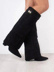 Grace | Women's Boots Black Suede Fold-Over Gold Clasp Knee-High