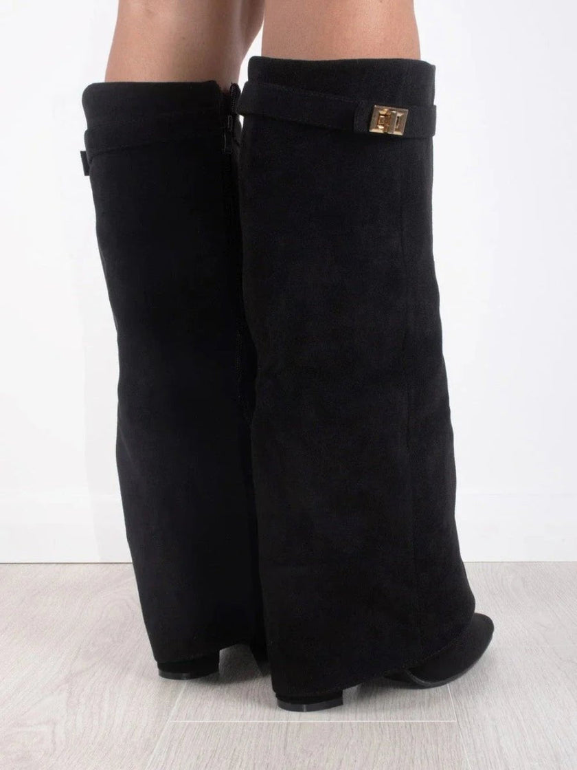 Grace | Women's Boots Black Suede Fold-Over Gold Clasp Knee-High