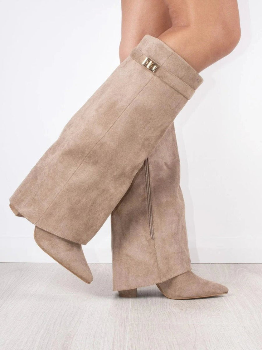 Grace | Women's Boots Black Suede Fold-Over Gold Clasp Knee-High