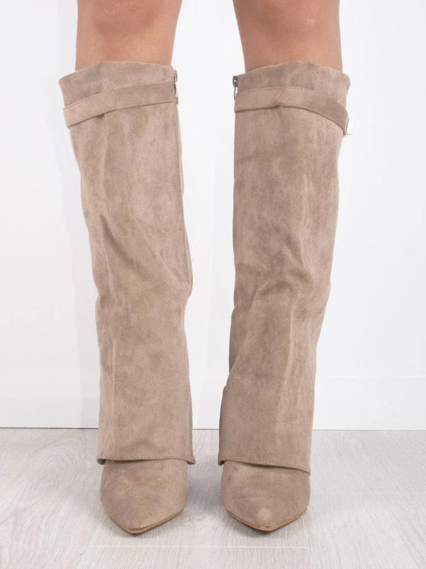 Grace | Women's Boots Black Suede Fold-Over Gold Clasp Knee-High