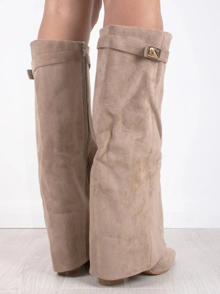 Grace | Women's Boots Black Suede Fold-Over Gold Clasp Knee-High