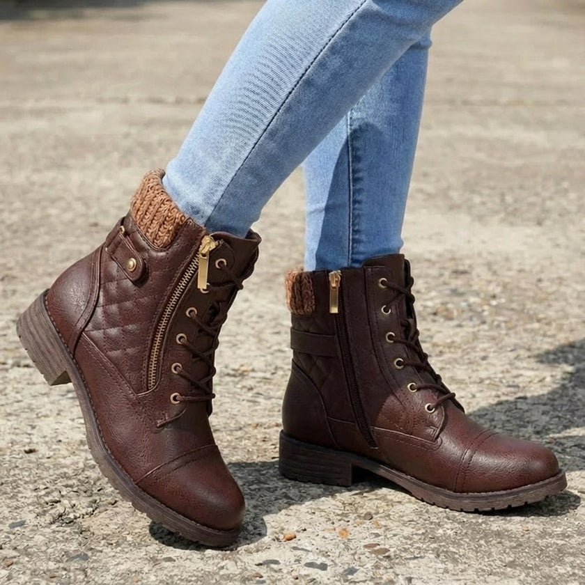 Aria | Women's Boots Quilted Faux Leather Lace-Up Side Zip Ankle Booties