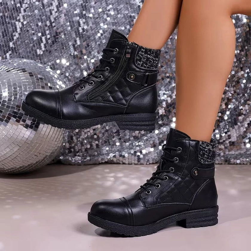 Aria | Women's Boots Quilted Faux Leather Lace-Up Side Zip Ankle Booties