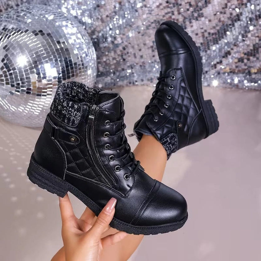 Aria | Women's Boots Quilted Faux Leather Lace-Up Side Zip Ankle Booties