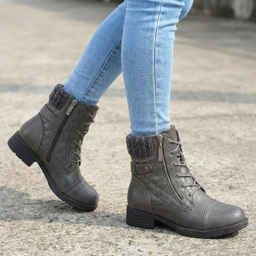Aria | Women's Boots Quilted Faux Leather Lace-Up Side Zip Ankle Booties